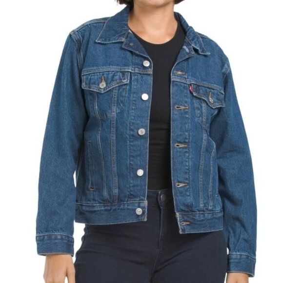 Levi's NWT Sz L Dark Indigo Ex Boyfriend Trucker Denim Jean Jacket - Picture 1 of 11